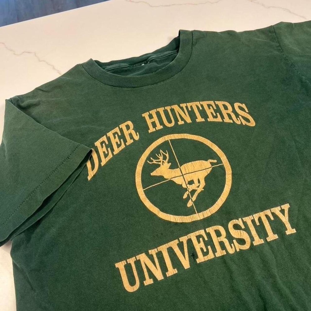 90s Vintage Deer Hunters University Shirt Mens XL Green Single Stitch Distressed